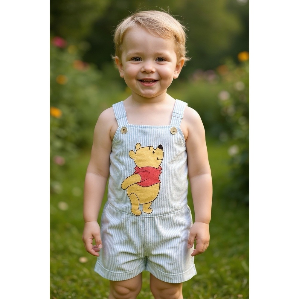 Disney Winnie The Pooh Romper Infant 6-9M Blue Ribbed Knit Striped Overall